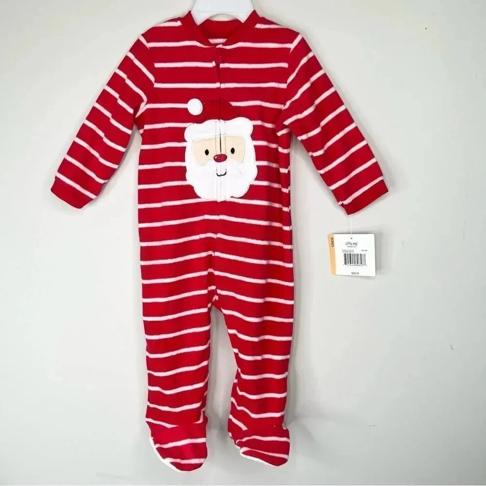Little Me Red with White Stripes Santa Face Christmas Fleece Sleeper